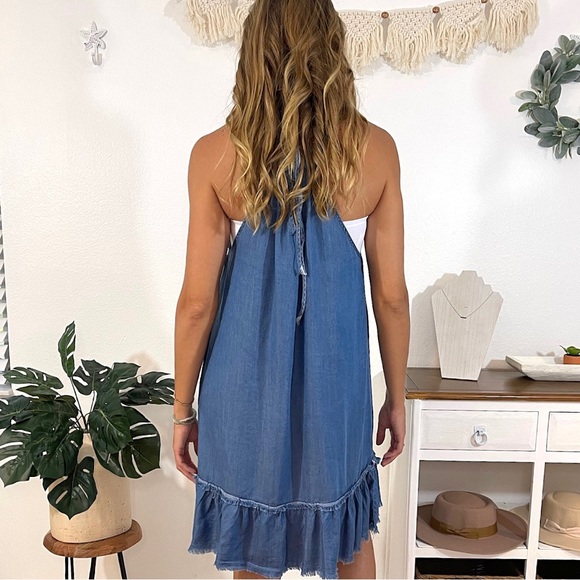Tensel halter dress with frayed raw ruffled hem and adjustable tie neck - Picture 5 of 6